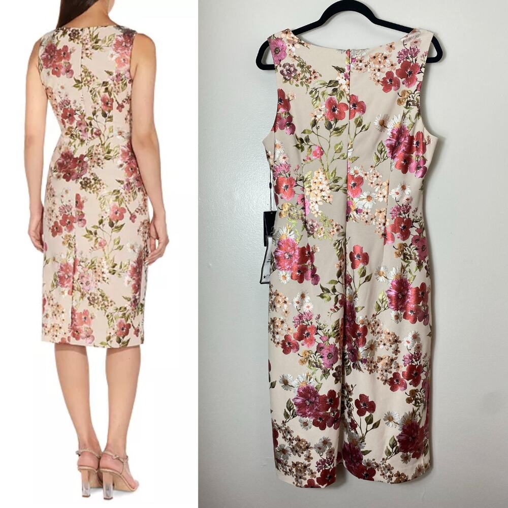 NWT ADRIANNA PAPELL DRESS 14 WEDDING GUEST RED FOIL BEIGE FLORAL COCKTAIL PARTY - Picture 4 of 14